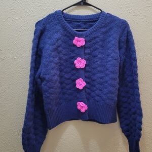 Elegant Navy Cardigan with Pink Floral Accents